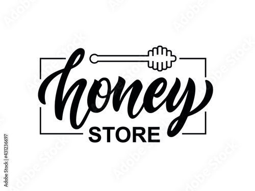 Honey store logotype with handwritten text. Modern brush calligraphy, hand lettering. Vector illustration with honey spoon for honeyshop, farm, market, store as card, poster, logo, icon template
