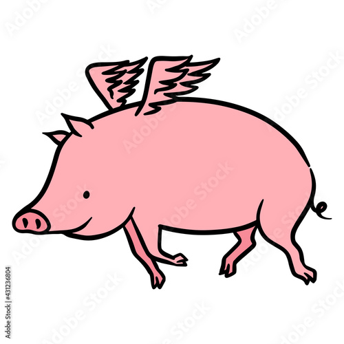 Hand drawn flying pig color vector illustration