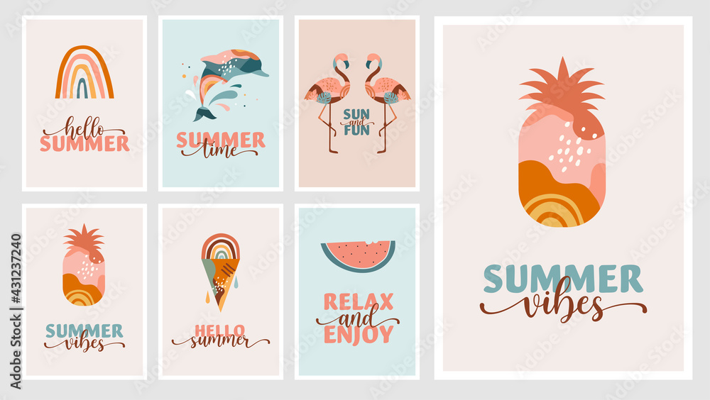 Bohemian Summer, modern summer illustrations and cards design with rainbow, flamingo, pineapple, ice cream and watermelon 