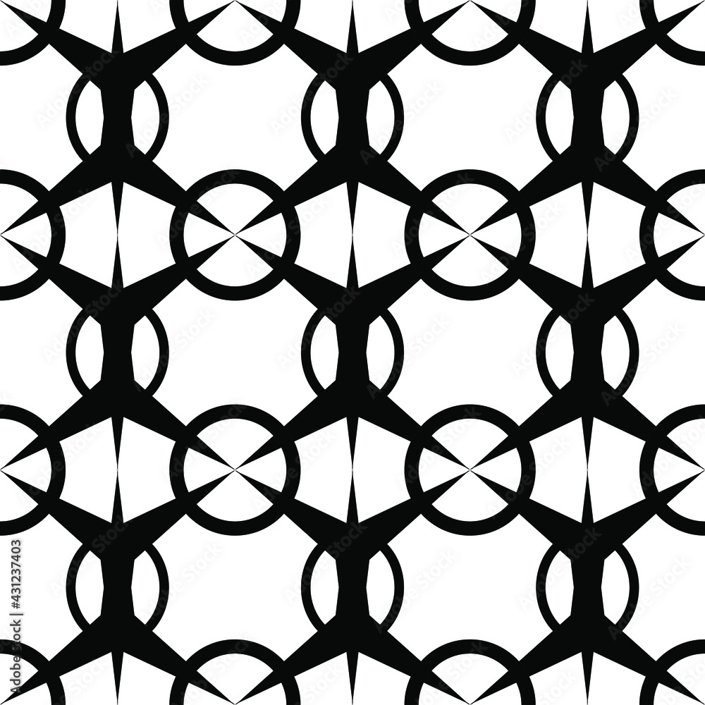 seamless abstract pattern of black color in the form of a grid of symmetric elements for printing on fabrics or for stencils of metal nets, as well as for interior decoration