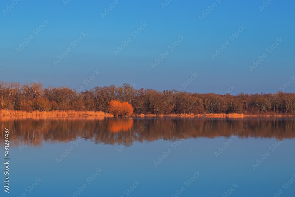 Calm water of the Vrkoc pond. In the background are trees reflected in the water. Beautiful landscape in the Czech Republic in Europe. Calm water of the Vrkoc pond. In the background are trees reflected in the water. Beautiful landscape in the Czech Republic in Europe.