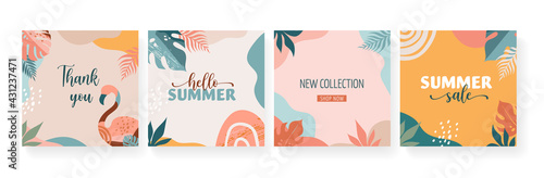 Bohemian Summer, set of modern summer sale post design with rainbow, flamingo, pineapple, ice cream and watermelon 