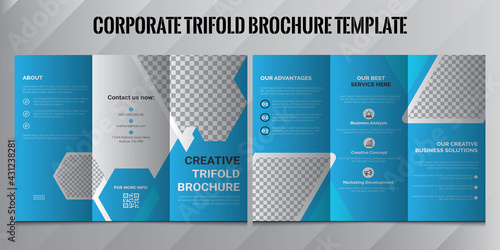 Corporate Tri Fold Brochure vector illustration. Vector triple folding brochure for business and advertising. Layout with modern elements and abstract background. Creative three-folded Brochure.Constr