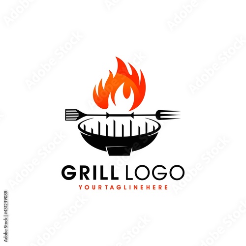 Vintage Grills barbecue with fork and fire flame logo design vector template
