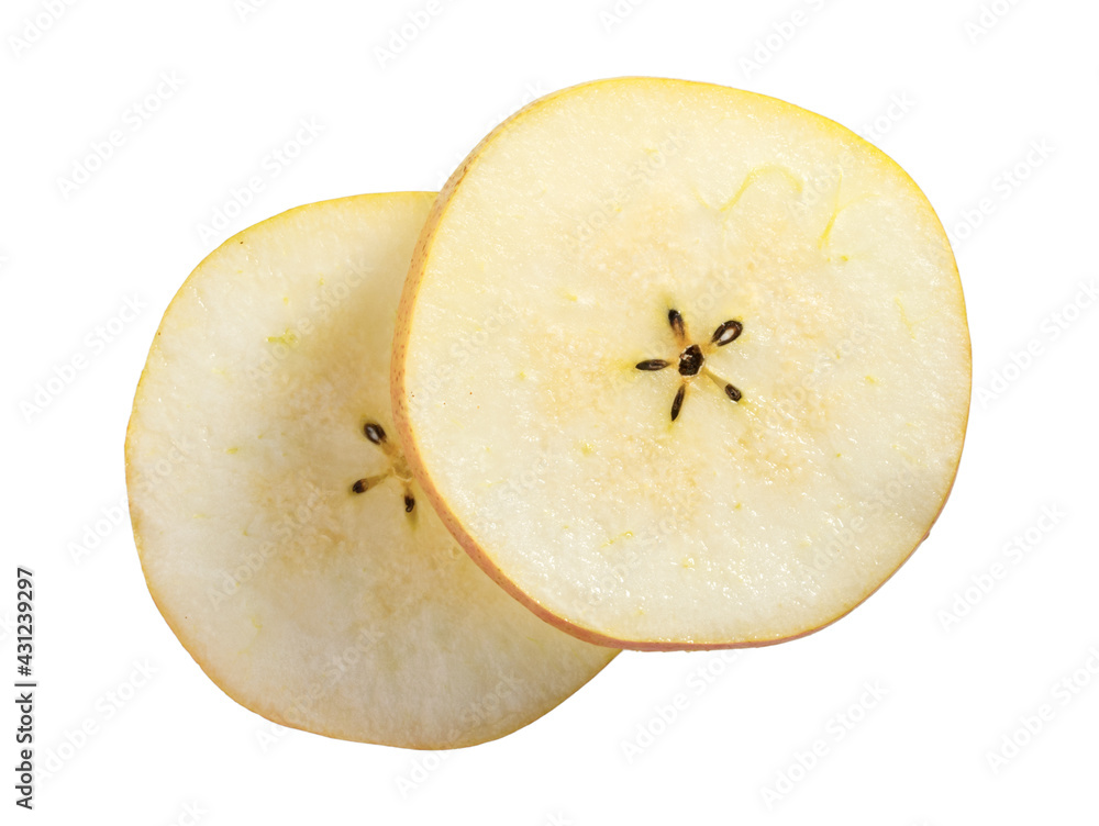 Pear slices isolated on white background without shadow