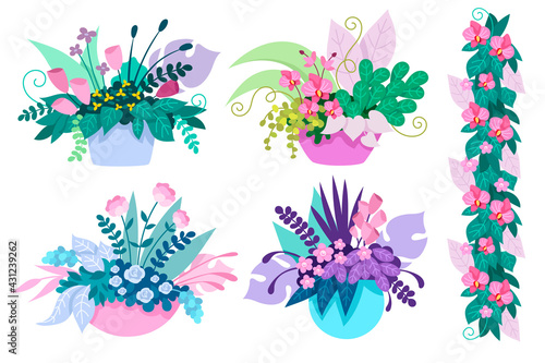 Set of beautiful flower bouquets. Blooming bushes, roses, leaves in flower pots. Lush bloom. Green and pink leaves. Set of decorative floral design elements. Flat cartoon vector illustration.