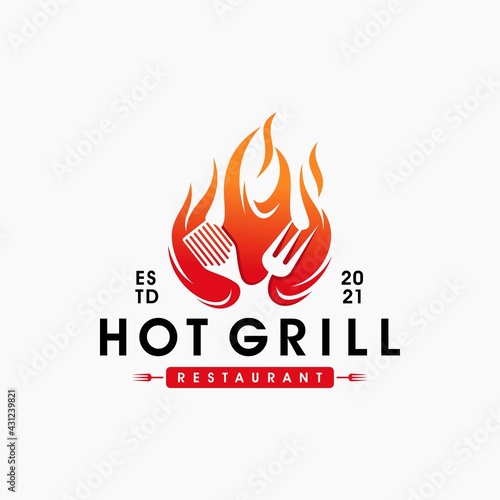 Vintage Grills barbecue with fork and fire flame logo design vector template
