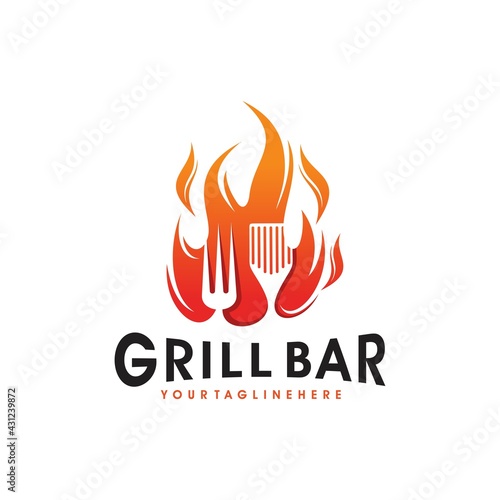 Vintage Grills barbecue with fork and fire flame logo design vector template
