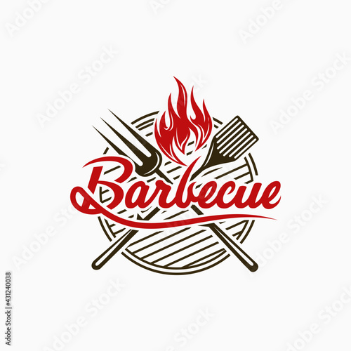 Vintage Grills barbecue with fork and fire flame logo design vector template 