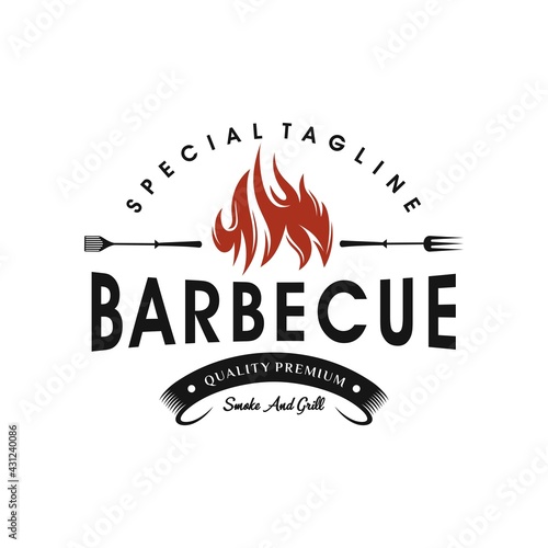 Vintage Grills barbecue with fork and fire flame logo design vector template

