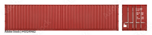 red large shipping cargo container with copy space in frontal and side view isolated  white background. transportation ship delivery logistics and freight concept.