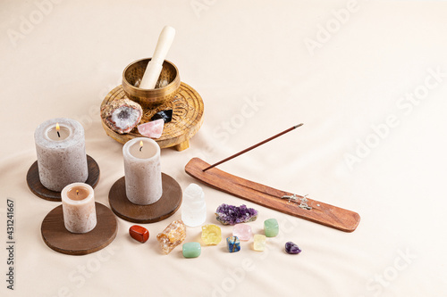 Healing chakra crystals therapy. Alternative rituals, gemstones for wellbeing, meditation, destress photo