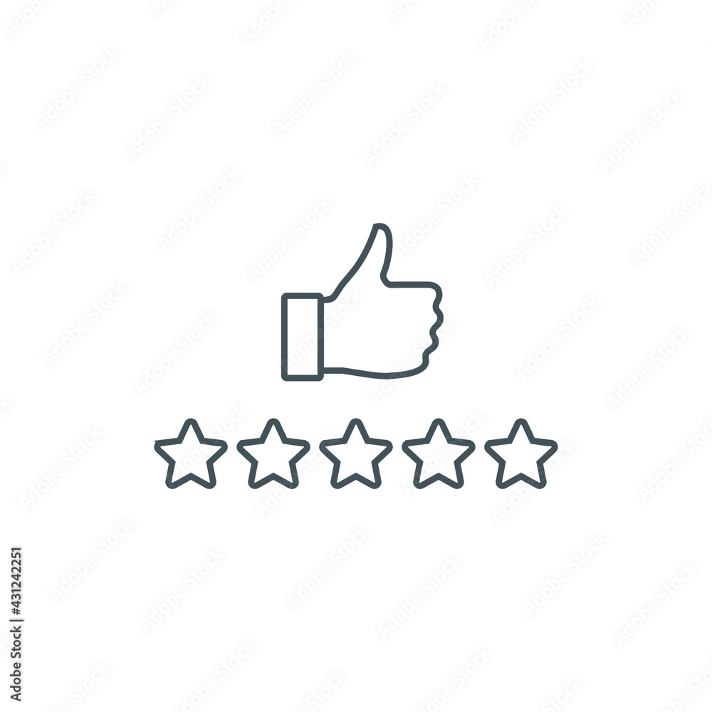 Five stars rating review icon. Feedback, Best seller, Quality icon. Vector. Customer review rating with 5 stars and thumb-up. Quality rating, feedback, five stars line symbol on white background. Five stars rating review icon. Feedback, Best seller, Quality icon. Vector. Customer review rating with 5 stars and thumb-up. Quality rating, feedback, five stars line symbol on white background.