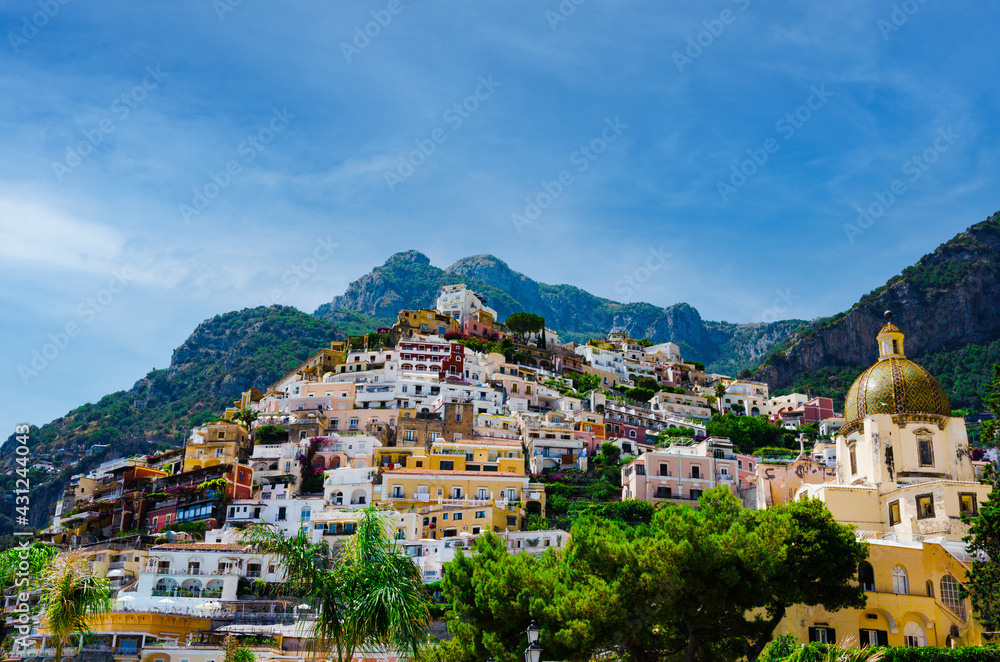 Low-angle view of Positano on a summer day