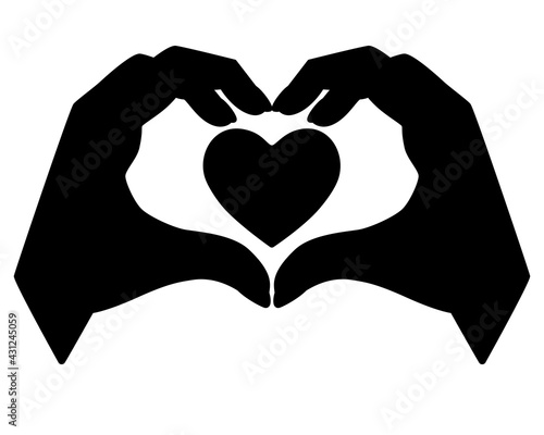 Hands show gesture - heart with heart inside - vector silhouette for logo or pictogram. Heart sign shown by brushes for a sign or icon. Valentine's Day - heart, love black silhouette.