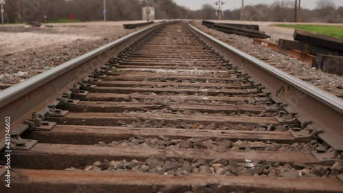 A close up of some railroad tracks in Crawford, Texas photo