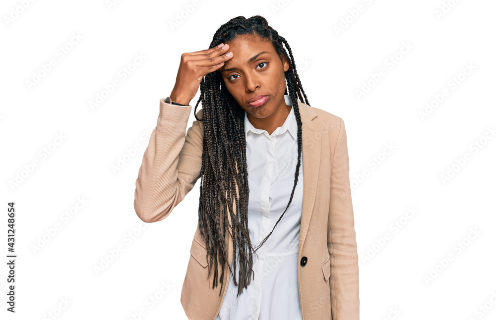 African american woman wearing business jacket worried and stressed about a problem with hand on forehead, nervous and anxious for crisis African american woman wearing business jacket worried and stressed about a problem with hand on forehead, nervous and anxious for crisis