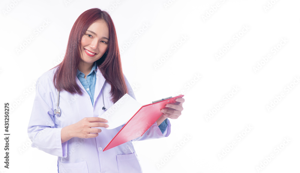 Cheerful young woman doctor in uniform with stethoscope holding and looking document on clipboard isolated on white background. Healthy care concept. Cheerful young woman doctor in uniform with stethoscope holding and looking document on clipboard isolated on white background. Healthy care concept.