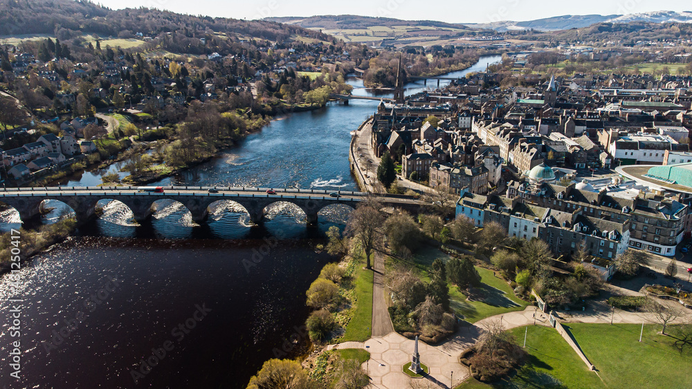 Perth City Centre, Scotland, by drone. Featuring the River Tay, Horsecross and the North Inch.