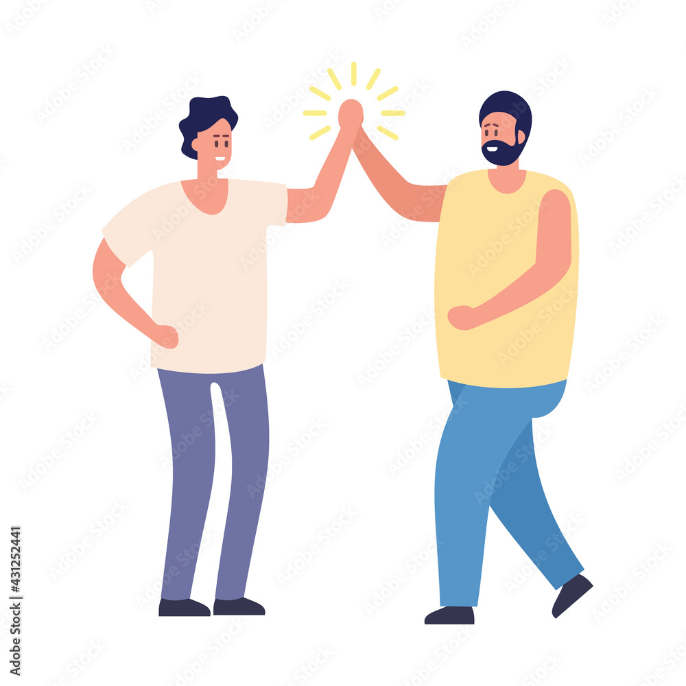 Happy male friends and colleagues giving high five Happy male friends and colleagues giving high five