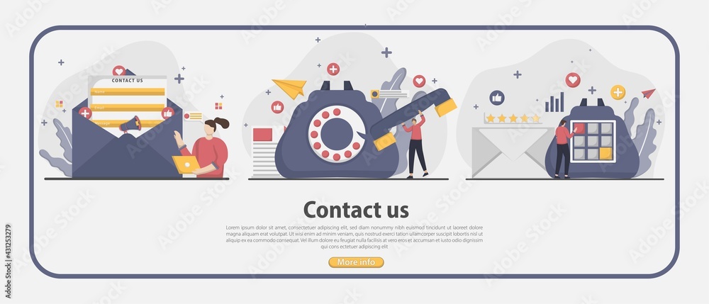 Set of Contact us for landing page concept illustration. Online customer and client care and support concept. Can be used for landing page, UI, web, app intro card, editorial, flyer, and banner.