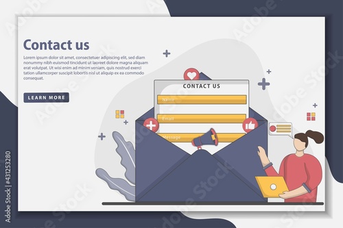 Contact us for landing page concept illustration. Online customer and client care and support concept. Can be used for landing page, UI, web, app intro card, editorial, flyer, and banner.