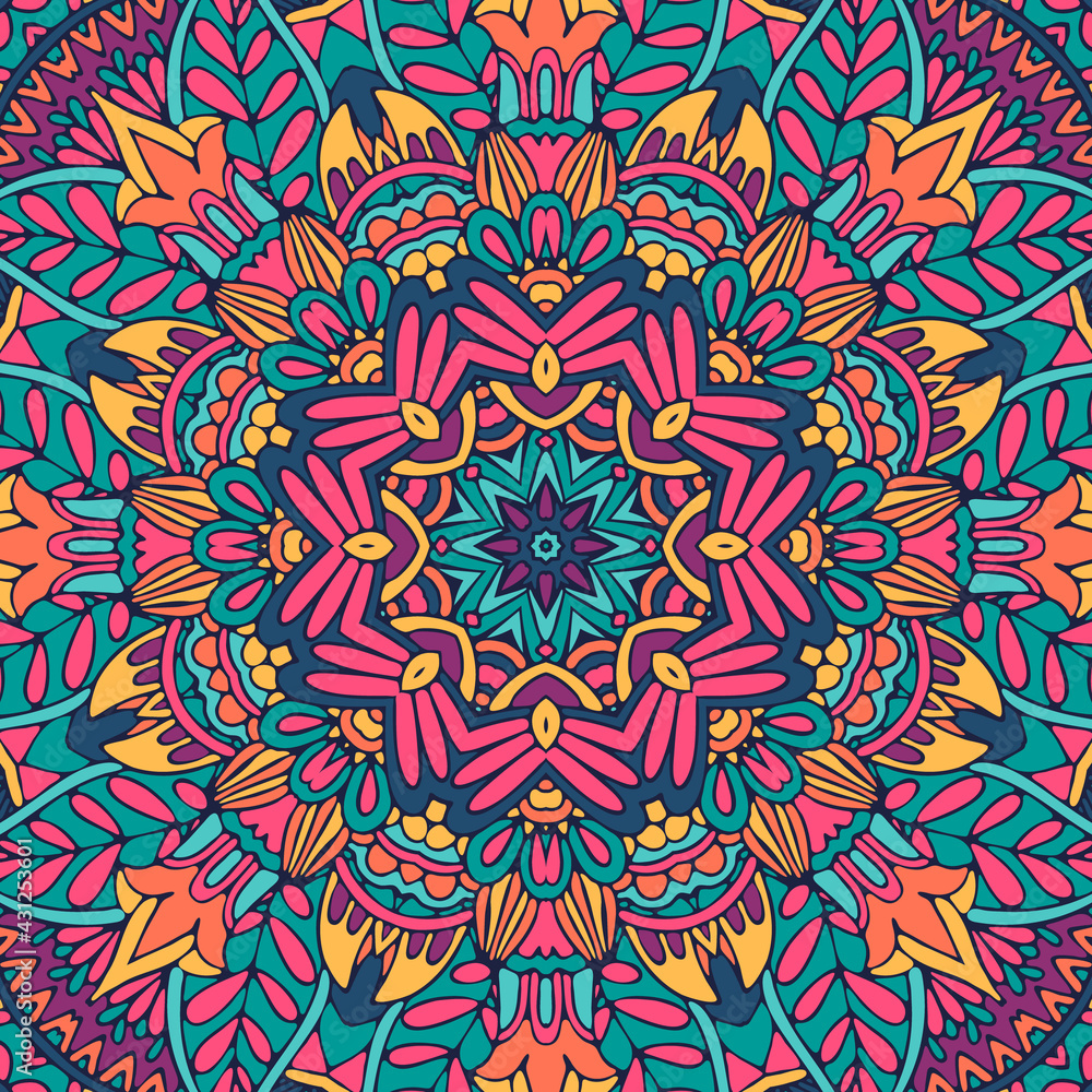 Floral ethnic tribal festive pattern for fabric. Abstract geometric colorful seamless mandala flower ornamental. Floral ethnic tribal festive pattern for fabric. Abstract geometric colorful seamless mandala flower ornamental.