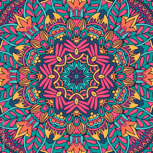 Floral ethnic tribal festive pattern for fabric. Abstract geometric colorful seamless mandala flower ornamental.