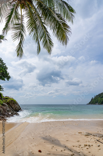 Summer background of Coconut Palm trees on white sandy beach Landscape nature view Romantic ocean bay with blue water and clear blue sky over sea at Phuket island Thailand