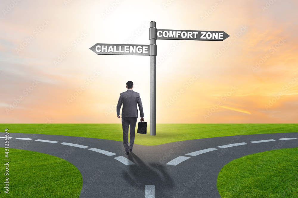 Businessman choosing between leaving comfort zone or not Businessman choosing between leaving comfort zone or not