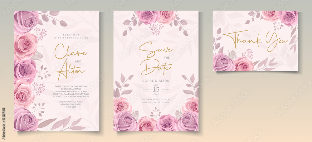 Set of wedding invitation template with beautiful soft pink blooming roses design