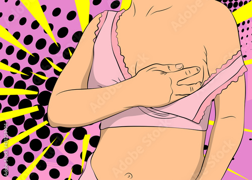 Breast Self-Exam. Vector comic book style illustration. Breast Cancer Awareness. Checking up changes, possible lumps, distortions or swelling.