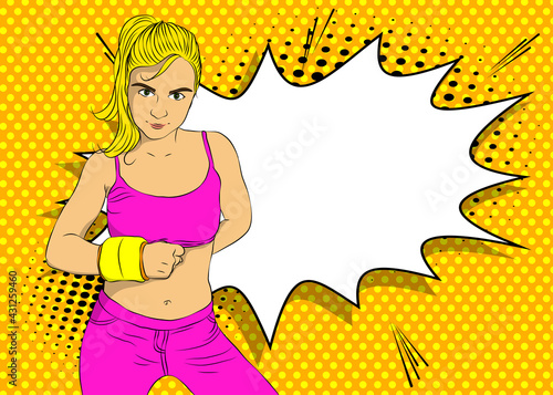 Woman exercise with wrist weights. Vector comic book illustration of a girl in sportswear doing workout.