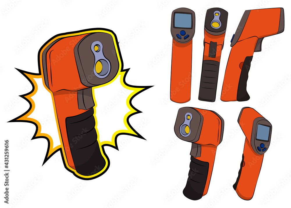 Collection of a handheld non-contact digital infrared thermometer gun. Set of vector illustrated comic book style modern temperature measurement device.