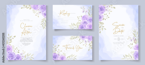 Set of wedding invitation template with beautiful purple blooming roses design
