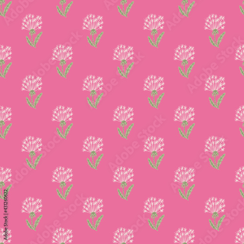 Bright dandelion silhouettes seamless pattern in floral ornament. Pink background. Botanic backdrop.