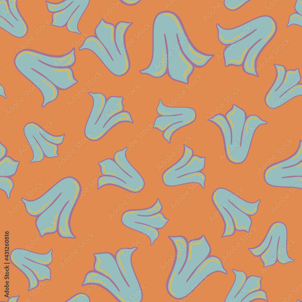 Fototapeta premium Abstract random seamless pattern with blue doodle tulip buds ornament. Orange background.