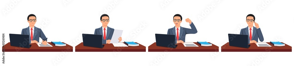 Man working, checking files, Happy and thinking in front of a laptop screen. with books, papers, pens, on the table. vector illustrations in a set of bundles. white background. Man working, checking files, Happy and thinking in front of a laptop screen. with books, papers, pens, on the table. vector illustrations in a set of bundles. white background.