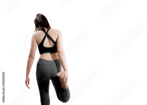 Back shot Asian female model with long hair tied up in good health beautiful figure black gym clothes loosening muscles To prepare exercise Regularly Isolated white background Health care concept