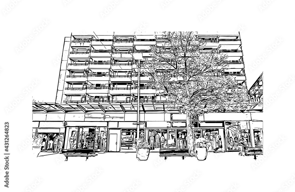 Building view with landmark of Emmen is the
municipality in the Netherlands. Hand drawn sketch illustration in vector.