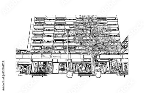 Obraz na płótnie Building view with landmark of Emmen is the
municipality in the Netherlands. Hand drawn sketch illustration in vector. w salonie