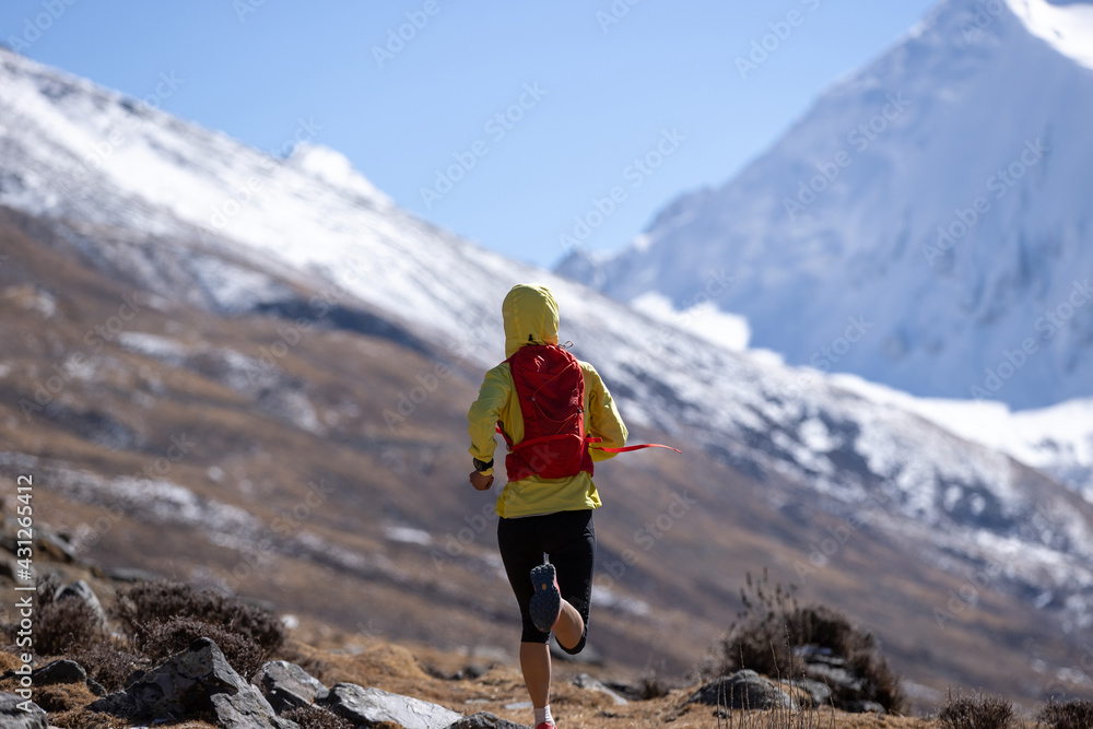 Woman trail runner cross country running in high altitude winter nature.