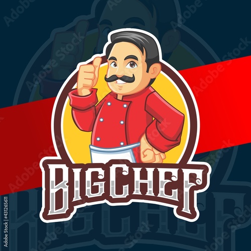 big chef mascot character logo design for restaurant and cafe logo