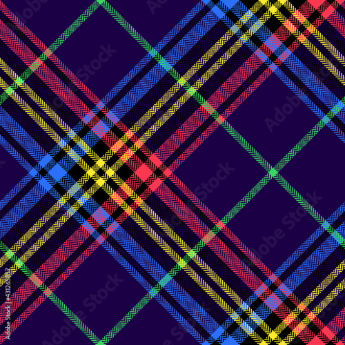 Plaid pattern herringbone colorful vector graphic in navy blue, neon green, purple, yellow, pink. Seamless large bright tartan check for duvet cover, other modern autumn winter fashion fabric print.