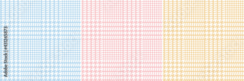 Glen check plaid pattern set in pastel blue, pink, yellow, white. Seamless hounds tooth tweed lilac vector for jacket, skirt, coat, other modern spring autumn casual fashion textile design.