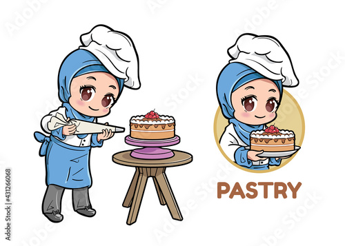 Female muslim pastry chef decorating a cake