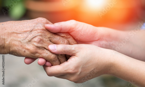 Caregiver, carer hand holding elder hand in hospice care. Philanthropy kindness to disabled concept. © Khunatorn