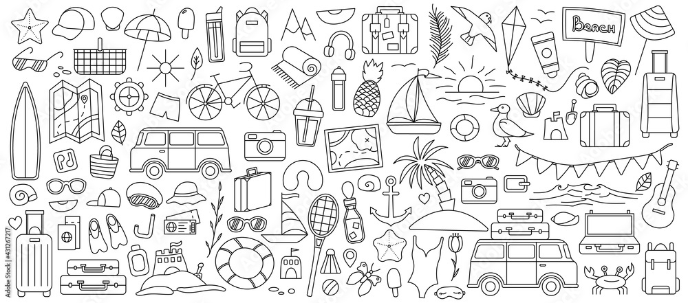 A large set with things for traveling to the mountains and the sea. Set of travel things on vacation. Summer collection. Vector line icon. Editable stroke. Doodle style.