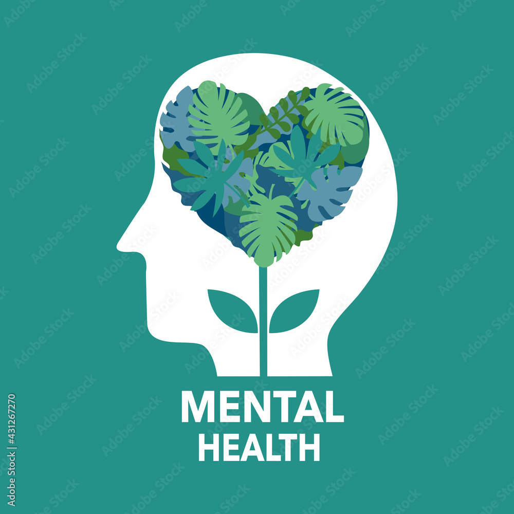 Silhouette of human head with nature leaves inside. Mental health concept vector illustration. Psychological therapy and treatment. World mental health day. Silhouette of human head with nature leaves inside. Mental health concept vector illustration. Psychological therapy and treatment. World mental health day.
