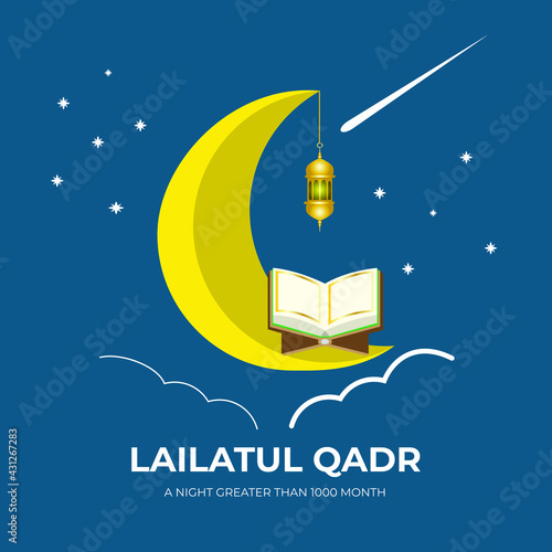 A vector of crescent moon with golden lantern, Quran, stars and Lailatul Qadr word. Lailatul Qadr translation for arab as A night greater than 1000 month